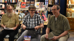 Round table discussion between historian Roger Blanchette (Left), artist Nicolas Garant (centre) and citizen Stefan Haag.  
Photo: William Pryor