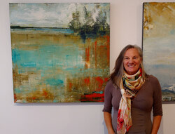 Artist Patti Leishman with one of her new works, on exhibit at Espace 33 in Old Aylmer. Photo: Marc Sauvé, Espace 33 owner