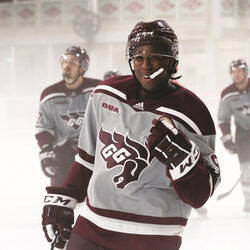 Photo caption: Notching eight goals and 10 assists last year in 27 OUA regular season games, and en route to a third-best in the nation 17-7-4 record, a Queens Cup victory and a berth in the National Championships, Aylmerite Yvan Mongo is preparing for his third season with the Garnet and Grey. Photo: University of Ottawa Gee Gees