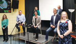 
Photo Caption: From left to right: back row, Maude Marquis-Bissonnette and Rémi Bergeron. Front row, Rosalie Fillion, Jacques Lemay, France Bélisle, Jean-François LeBlanc and Amy Roy. Photo: Courtesy of Centre de services scolaire des Portages-de-l’Outaouais