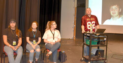 Kayla Whiteduck, Lea Maseau and Alanna McColl with Dave McColl (presenter) at the right. 
Photo: William Pryor