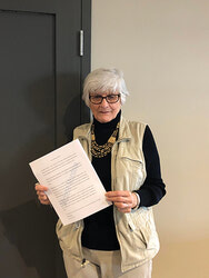 Michelle Mondoux with the draft of her story. 