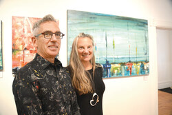 Artist Patti Leishman with one of her 
new works, “Waiting for a second wind”, on exhibit at Espace 33 in Old Aylmer.
Photo: Lily Ryan