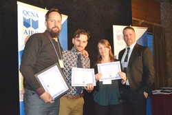 Former Bulletin d’Aylmer journalist Lauren Robillard-Cardinal took home third place in the category Best Feature Series for his work on the brown water in Lakeview Terrace. Also pictured in the photo are Daniel J Rowe of the Eastern Door who won first and Sarah Rogers of the Nunatsiaq News.	Photo: LR