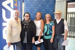 Organizers of the Old Aylmer Farmer’s Market at the official launch event, July 10, 2014. APICA partnered with the organizing committee and the city councillor for the district, Josée Lacasse. From left in the photo: Daniel Lacasse, APICA president; Gabrielle Sexton, Nosh Nerds; Josée Lacasse, councillor for Aylmer; Kristine Landry, Miss Marmelade; Mike Duggan, councillor for Lucerne. (LR) 
Photo: Lily Ryan