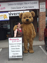 Lisa Ann Dagenais, owner of Desserts Lisa Ann on Front Street, celebrating with the CHEO mascot, May 14. (LR)
Photo: Rebeka Belair